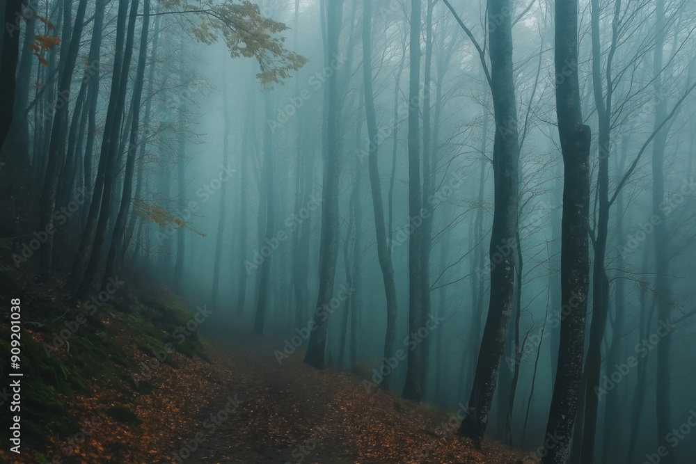 Poster a forest with trees and a path. the sky is cloudy and the trees are covered in leaves