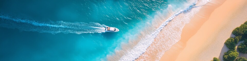 Obraz premium A boat is traveling through the ocean near a beach. The water is calm and the sky is clear