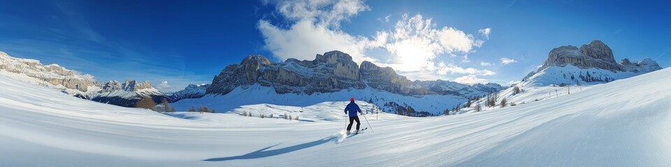 A skier is skiing down a snowy mountain. The sky is clear and the sun is shining brightly