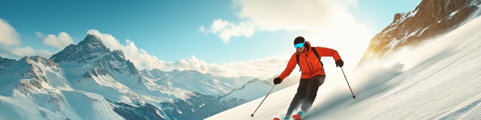 Obraz premium A skier is skiing down a mountain with a red jacket. The skier is wearing goggles and has a backpack on. The scene is bright and sunny, and the skier is enjoying the beautiful mountain scenery