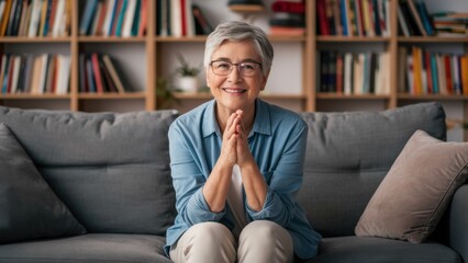 Obraz premium A woman sitting on a couch with her hands folded, AI