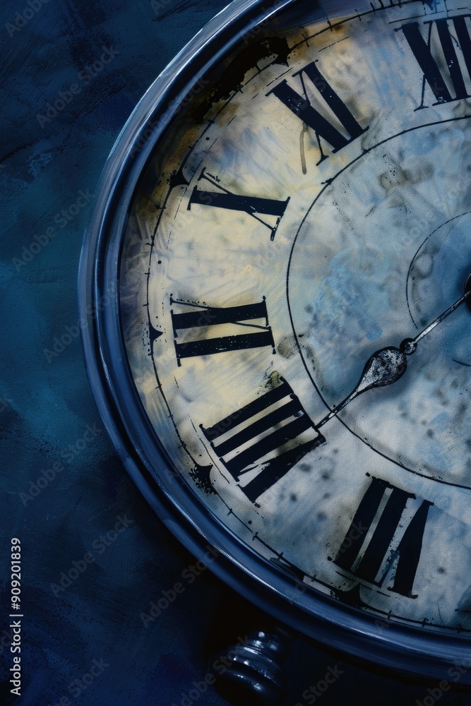 Poster a detailed view of a clock face featuring roman numeral markings, suitable for use in designs relate
