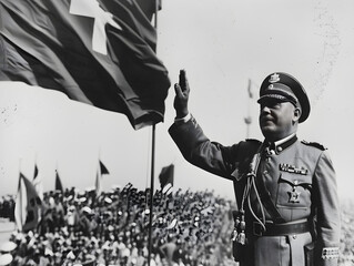 Black and white photograph of Benito Mussolini addressing a crowd during the rise of fascism.