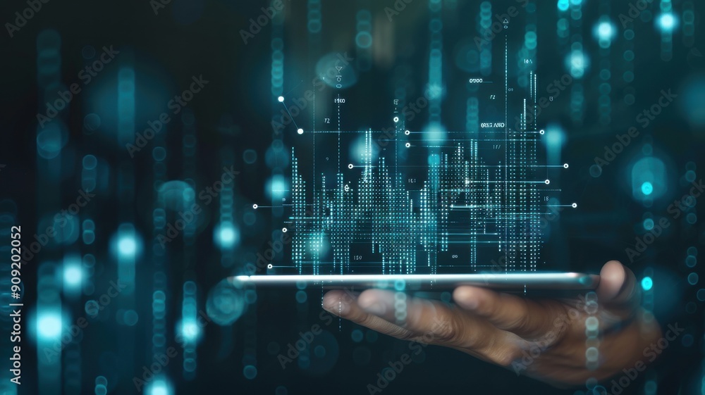 Poster a hand holding a tablet with digital graphs and data visualization in a futuristic setting, showcasi