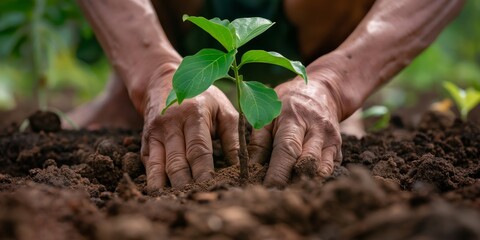 Nurturing New Growth: A pair of weathered hands carefully plant a sapling, representing hope, sustainability, and the interconnectedness of life.  