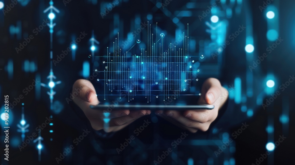 Poster a person holding a tablet with digital data visualization and vibrant blue technology elements, symb
