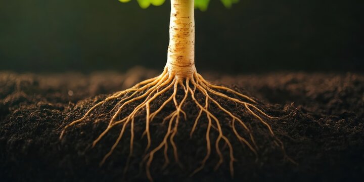 Healthy roots colonized by Trichoderma, roots glowing with health, Trichoderma fungus, root health