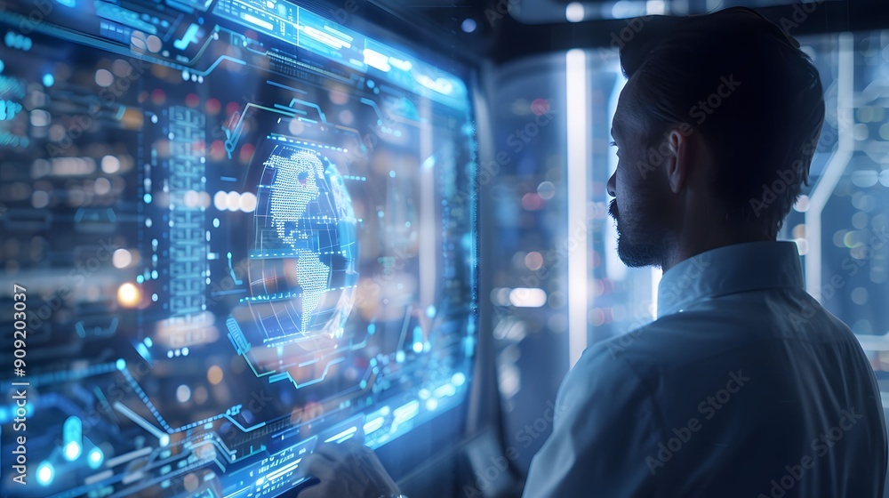 Poster a technologist analyzing global data and digital interfaces in a futuristic control room, representi