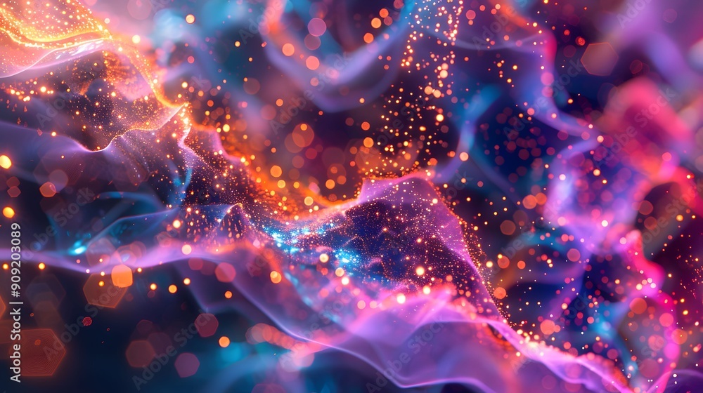 Poster a vibrant abstract image featuring flowing waves of light particles in various colors, creating a me