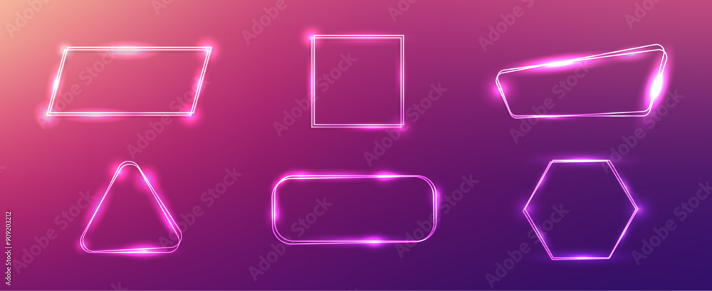 Poster set of neon double frames with shining effects