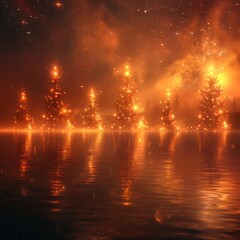 Naklejka premium Enchanted Christmas Trees Reflecting on a Misty Lake