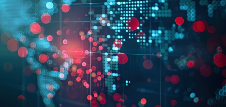 Global map with hotspots of recent cyber threats, representing global security risks