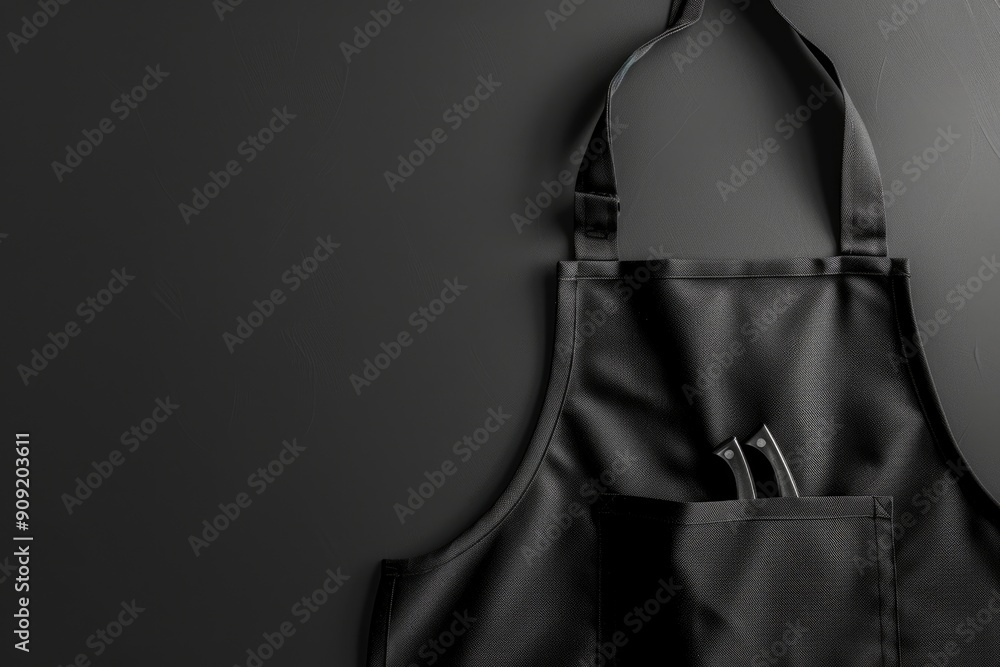 Poster a black apron with a pair of scissors hanging from the waist, perfect for crafts or diy projects