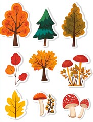 Obraz premium set of autumn stickers trees leaves and mushrooms on a white background. Colorful autumn illustrations of trees and mushrooms in various shapes colors