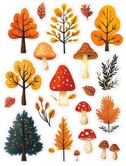 set of autumn stickers trees leaves and mushrooms on a white background. Colorful autumn illustrations of trees and mushrooms in various shapes colors