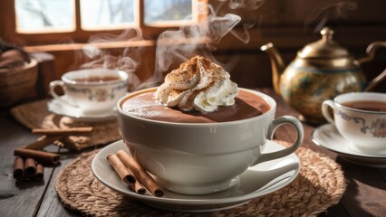 A cup of hot chocolate with whipped cream and cinnamon on a table, AI