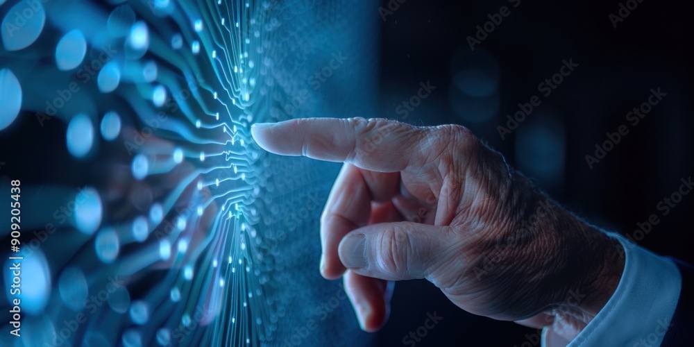 Poster the intricate details of a virtual touch screen as a businessman engages with ai-powered functionali