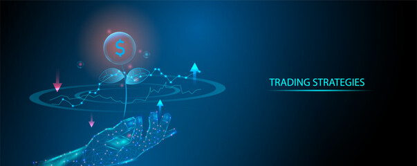 Invest and finance concept. Digital hand and money tree simbol successfully, grow and profit. Abstract business background
