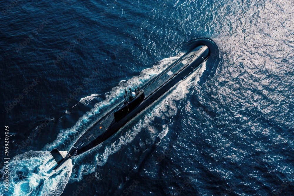 Poster a submarine moving through the ocean, suitable for use in scenes about naval operations or marine ex