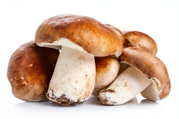 Fototapeta premium A bunch of mushrooms are piled on top of each other. The mushrooms are brown and white in color