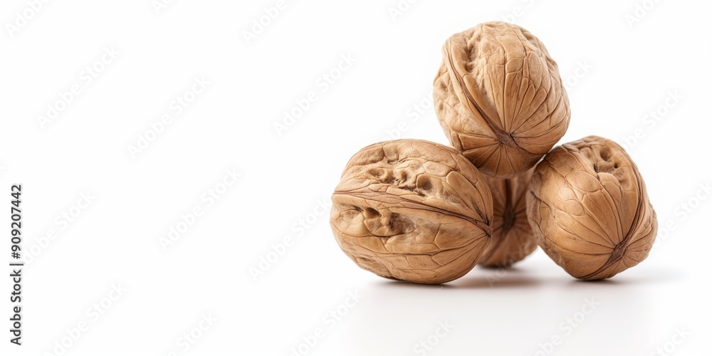 Aufkleber three walnuts are piled on top of each other. the nuts are brown and have a hard shell. concept of a