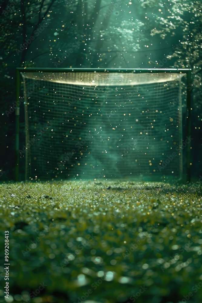 Poster A soccer goal situated in the center of a green field, ready for a match or training session