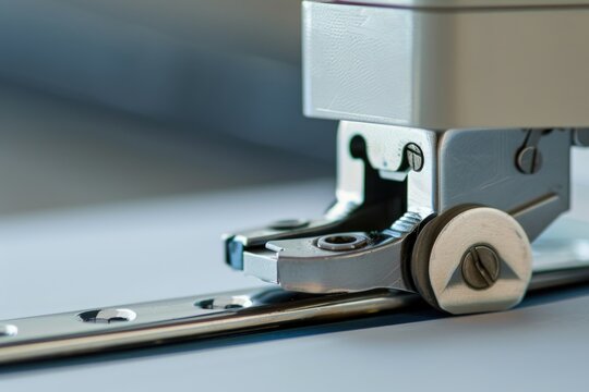 A detailed view of a sewing machine on a table, perfect for use in tutorials or product demonstrations