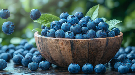A wooden bowl full of blueberries