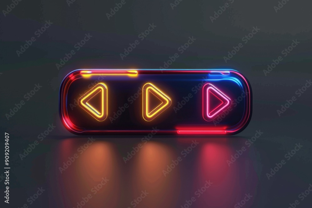Poster a bright neon video game button on a dark surface