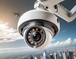 High-definition security camera installed on a building overlooking a cityscape, ensuring safety and surveillance.