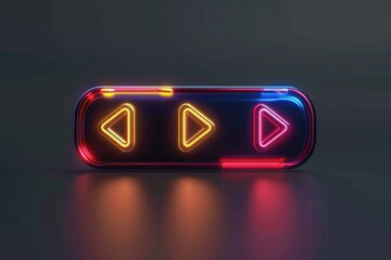 A bright neon video game button on a dark surface