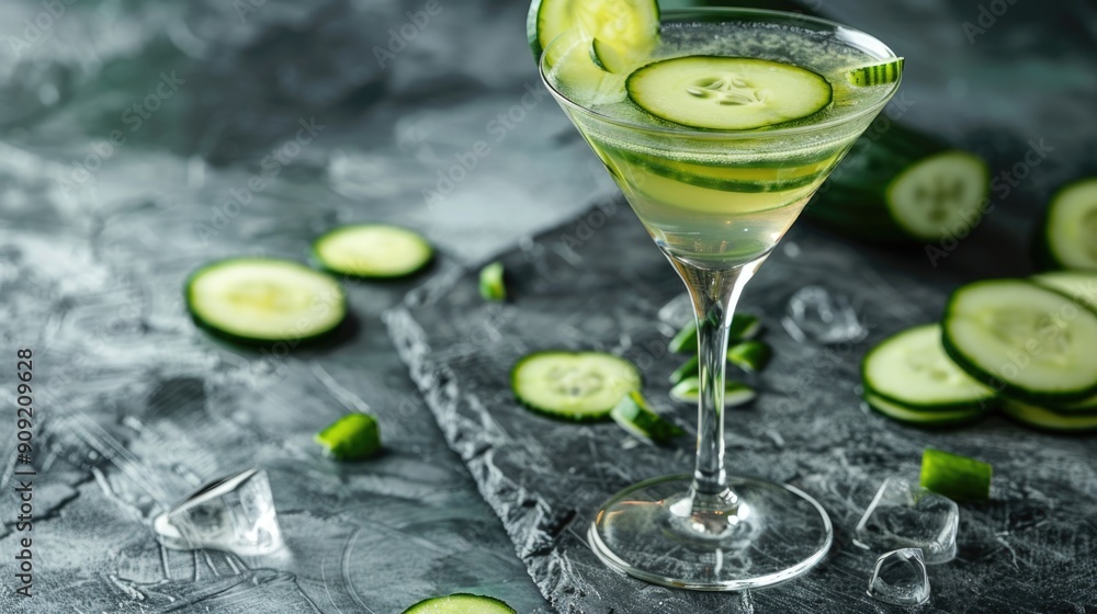 Poster A refreshing beverage with sliced cucumber served in a glass