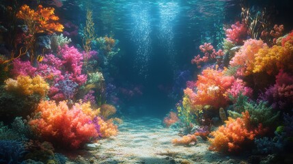 Naklejka premium Vibrant underwater scene of a coral reef with colorful corals and fish. Ideal for marine life themes, ocean conservation, and nature backgrounds