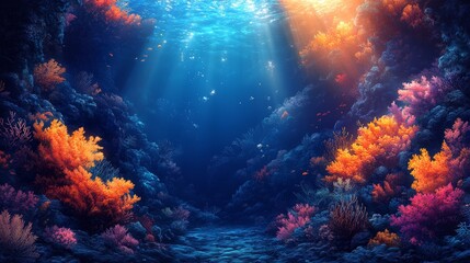 Vibrant underwater scene of a coral reef with colorful corals and fish. Ideal for marine life themes, ocean conservation, and nature backgrounds