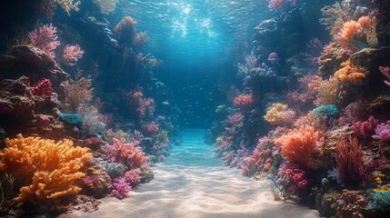 Vibrant underwater scene of a coral reef with colorful corals and fish. Ideal for marine life themes, ocean conservation, and nature backgrounds