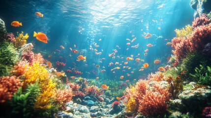 Naklejka premium Vibrant underwater scene of a coral reef with colorful corals and fish. Ideal for marine life themes, ocean conservation, and nature backgrounds