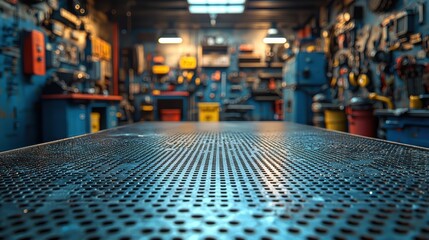 Obraz premium Industrial Workshop with Metal Workbench and Tools in Background, Modern Manufacturing Equipment, High-Tech Machinery, and Organized Workspace for Precision Engineering and Fabrication