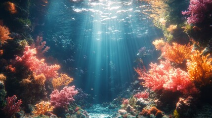 Fototapeta premium Vibrant underwater scene of a coral reef with colorful corals and fish. Ideal for marine life themes, ocean conservation, and nature backgrounds