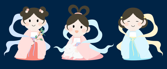 Girls in Chinese silk robe. Chinese Fairy vector illustration. Mid-Autumn Festival element.
