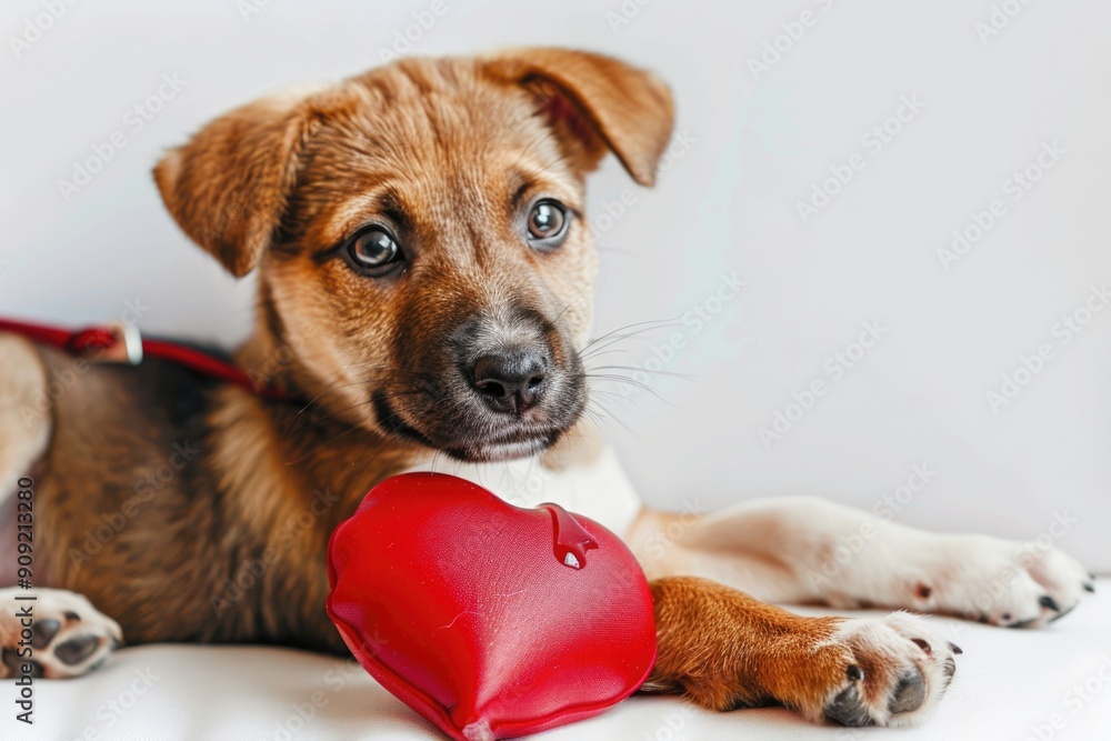 Canvas Prints A brown and white dog wearing a red heart accessory, great for use in illustrations about love, friendship, or emotional connections