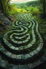 Naklejka premium Ancient Stone Maze in Lush Forest - A captivating stone maze set amidst lush green forest, featuring moss-covered paths and intricate stonework, offering a serene adventure.