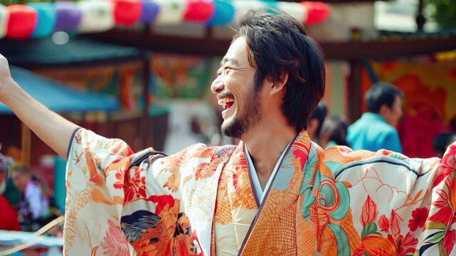 A happy, dancing Asian man rejoices while donning a traditional, vibrant kimono.
