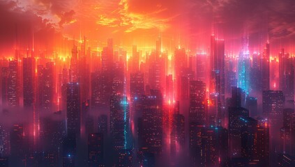 Neon Skyline Cityscape with Cloudy Sky