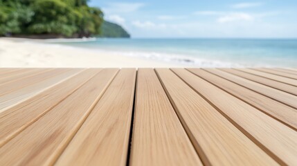 Fototapeta premium Peaceful beach scene with clear blue water, seen from the perspective of a wooden deck 