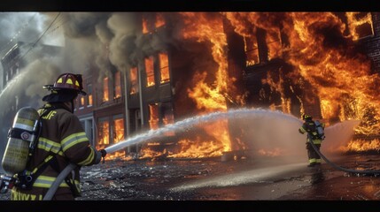 Firefighters battle a massive blaze engulfing a multi-story building, surrounded by flames and smoke, working tirelessly to contain the fire's spread. Generative AI