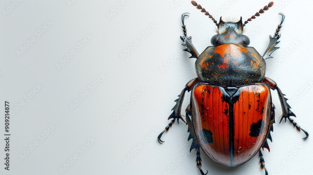 Poster close-up of a vibrant beetle on a plain background showcasing its detailed features. macro shot of a