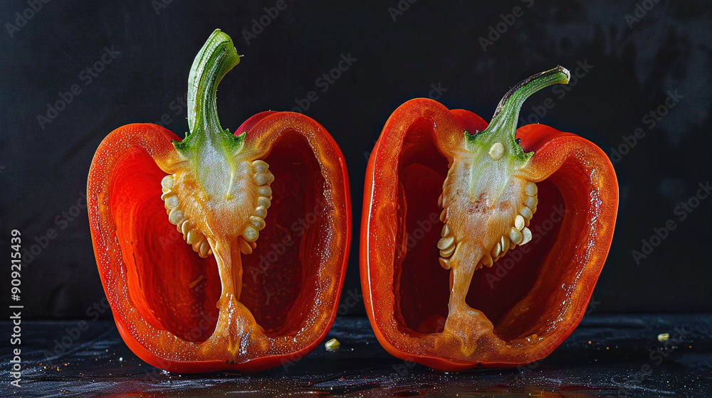 Poster   A couple of red peppers rest on a black table, positioned beside each other on top of a counter