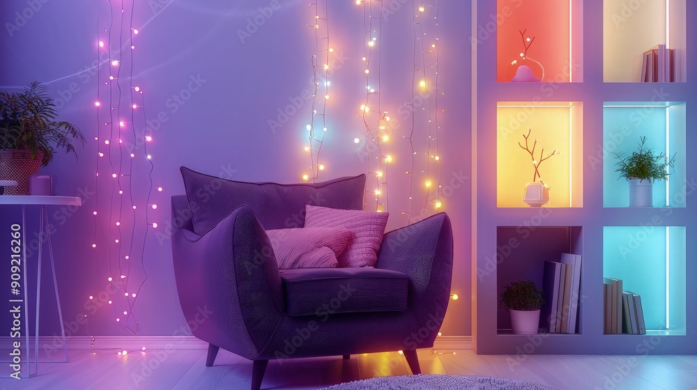 Wall mural a modern reading nook with a deep purple armchair, illuminated by twinkling fairy lights and complem