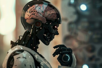 Robot Contemplating Human Brain, Reflecting on Thought and Consciousness