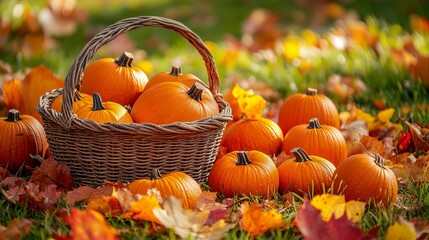 Pumpkins and a basket lie on grass in the fall.